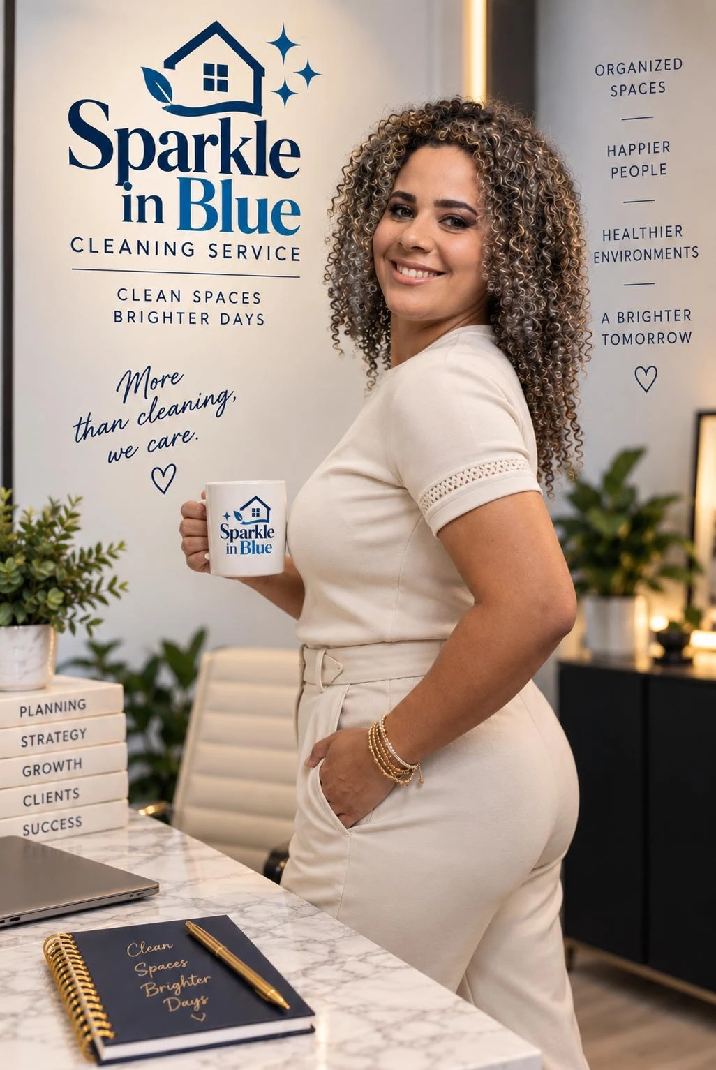 Diele, founder of Sparkle in Blue, holding a branded mug in her office