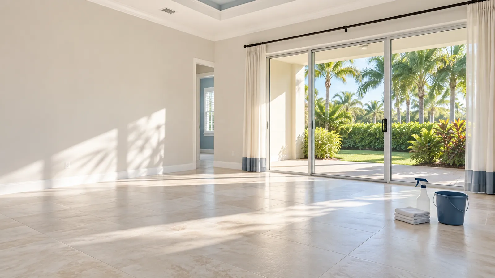 An empty sunlit living room with sliding glass doors, tropical landscaping, and a bucket, spray bottle and folded cleaning cloths.
