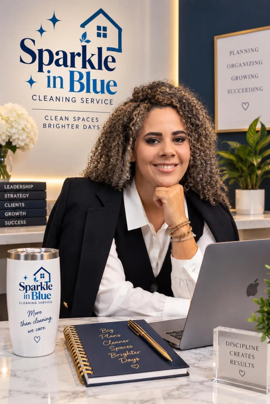 A Sparkle in Blue team member seated in a branded office setting
