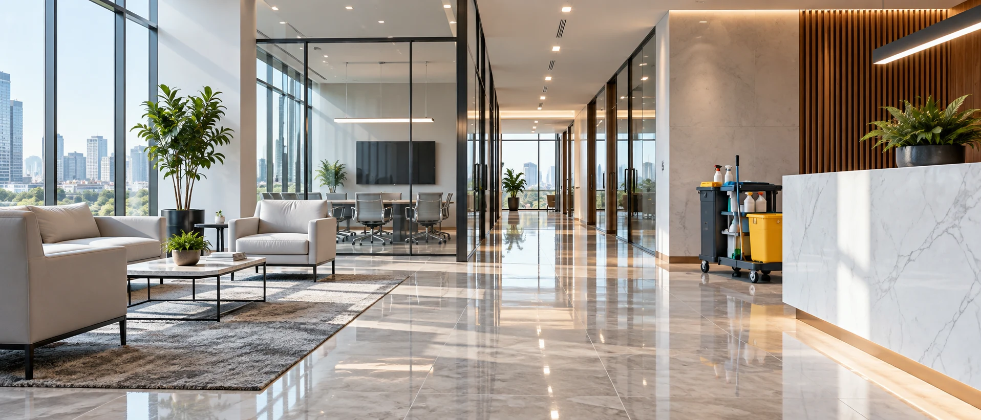 A polished modern office reception area prepared for the workday
