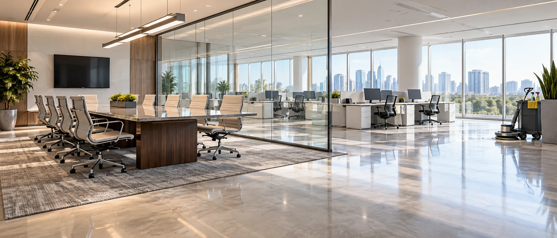 A bright modern office with a polished floor, conference table, and open work areas