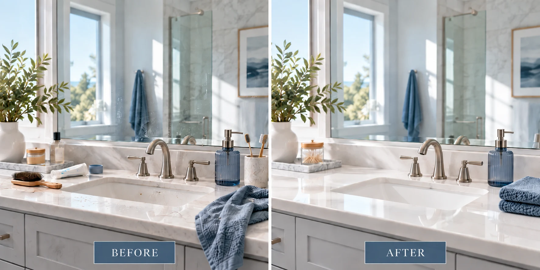 A split before-and-after view of a bathroom vanity, cluttered and water-spotted on the left and polished clean on the right