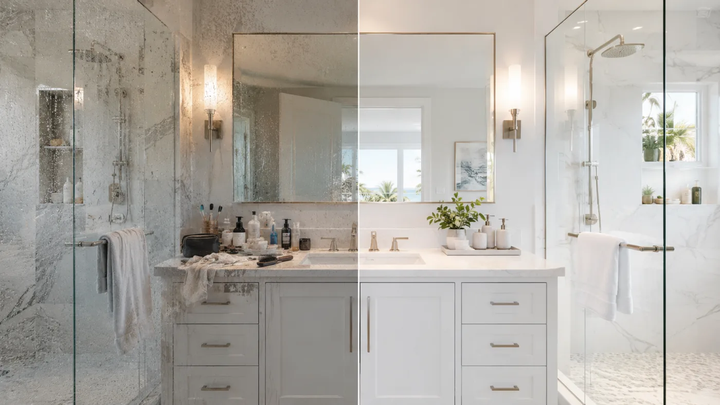 Bathroom vanity before a detailed cleaning