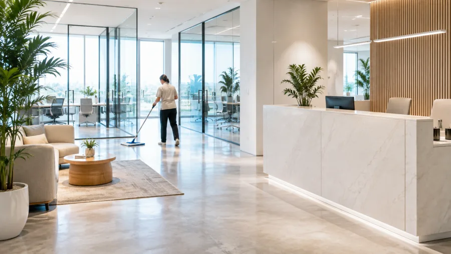 A cleaner mopping a modern commercial office reception area