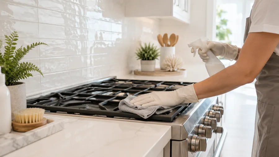 A gloved cleaner carefully wiping a stainless steel cooktop