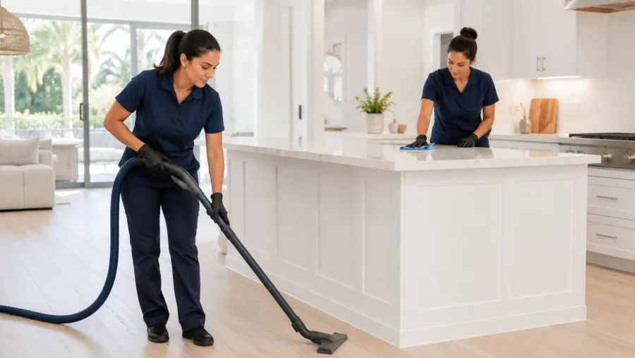 Two cleaners vacuuming and wiping surfaces in a bright kitchen