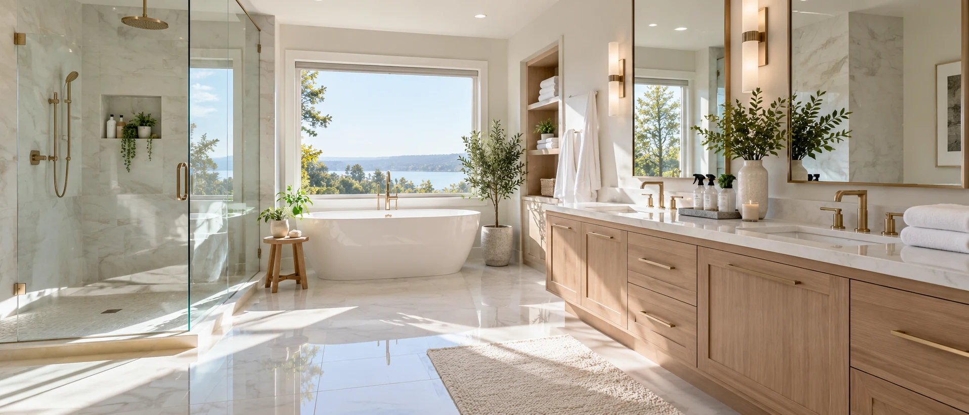 A sunlit bathroom with polished stone, fresh towels, and clean surfaces