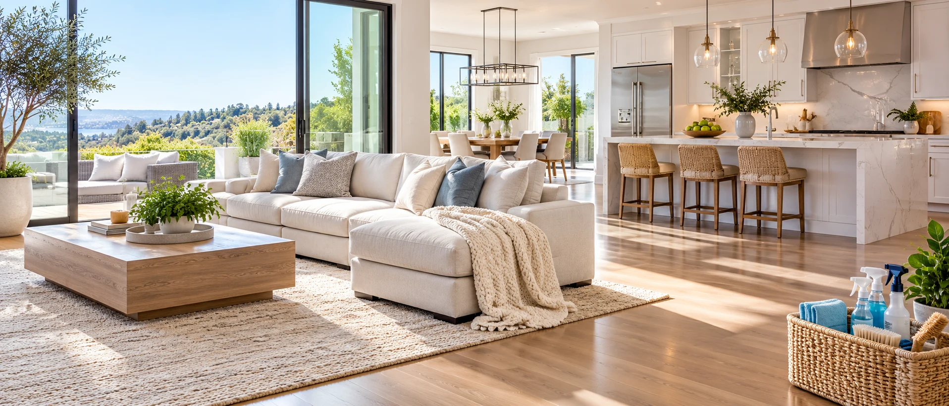 A bright, freshly cleaned living room and kitchen with cleaning supplies ready nearby